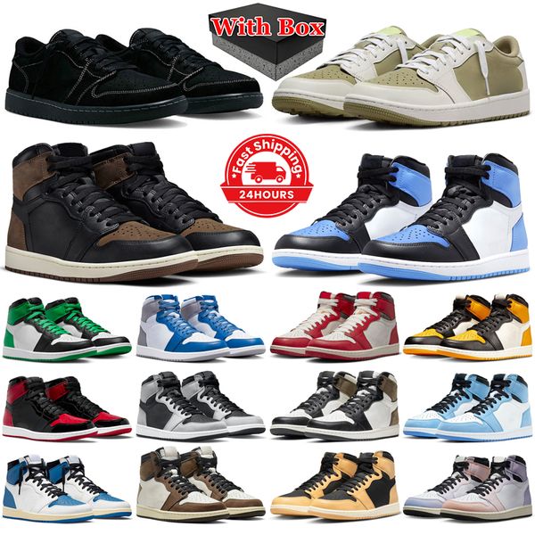 

With box 1 basketball shoes men women 1s low Golf Olive Black Phantom Palomino UNC Toe Lost and Found Lucky Green Satin Bred mens trainers outdoor sports sneakers, 10