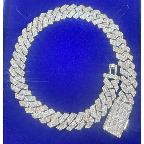 

Baguette with Round Brilliant Cut Moissanite 19mm Wide Pass Diamond Tester Pure 925 Silver Cuban Link Chain