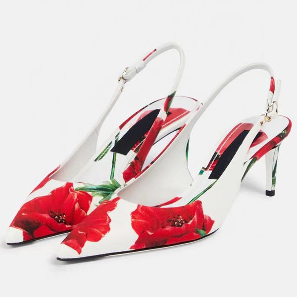 

Red flower printed high heeled sandals Pointed Toes Stiletto Heel womens Fashion Back Strap Kitten Heel Slingback Evening shoes 6.5cm Designer Party dress shoes, Burgundy