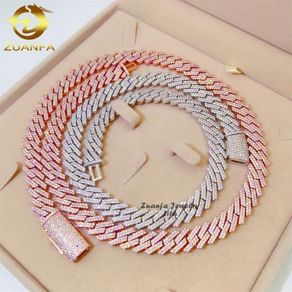 

Hip Hop 2 Rows Stones 12Mm Rose Gold Sier 14K Gold Iced Vvs Diamond Moissanite Cuban Link Chain
