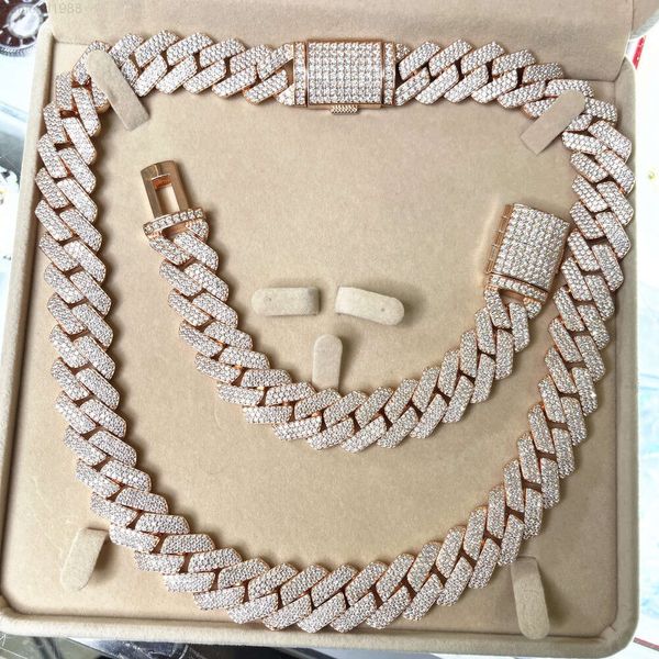 

Hip Hop Jewelry Iced Out Vvs 18mm Width 3 Rows Rose Gold 925 Sterling Silver Moissanite Cuban Link Chain Necklace