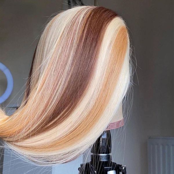 

180 Density Brazilian Highlight Blonde Colored Simulation Human Hair Wig Body Wave Ombre HD Transparent Straight Lace Front Wigs For Women e9, Ombre color
