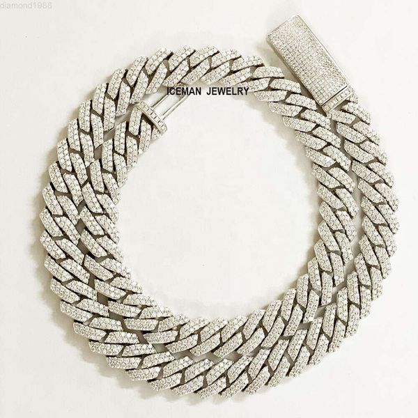 

925 Sterling Silver Cuban Link Chain Moissanite Tri Color 14mm Long Clasp Moissanite Cuban Link Chain