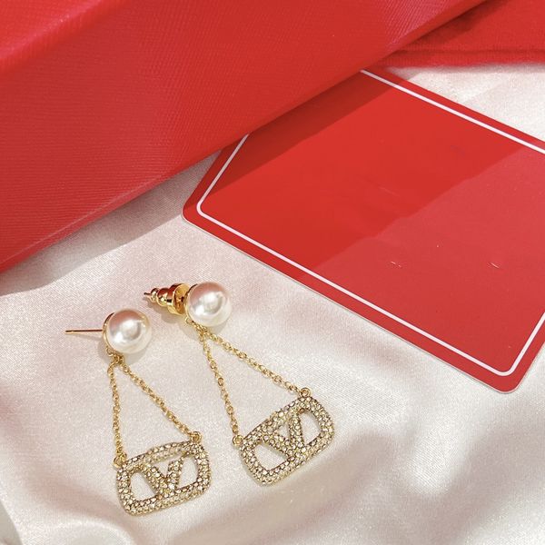 

2023 earrings designer for women stud luxury gold heart shape pearl crystal gold double V letter 925s silver jewelry classic-1