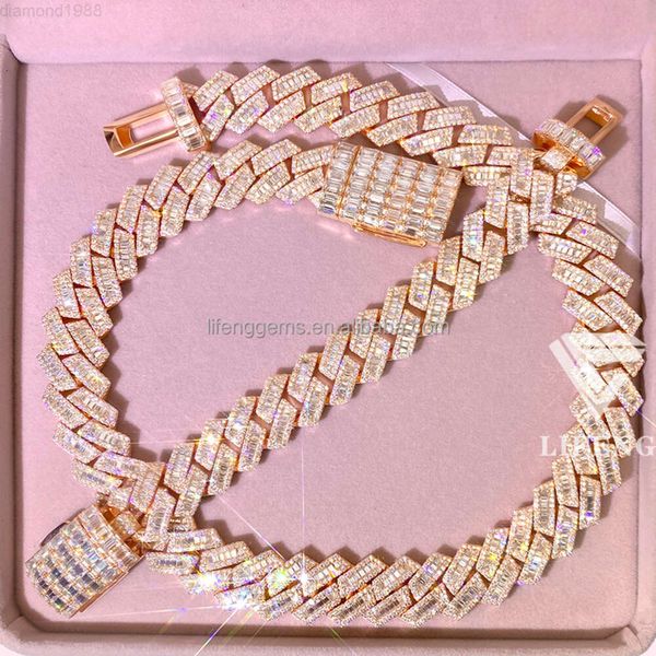 

Mixed Inlay of Bugaette and Circular Moissanite Stones 20 Mm Yellow or Rose Gold Hip-hop Moissanite Cuban Link Chain