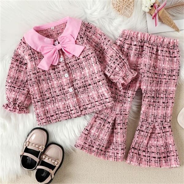 

High Quality Kids Girls Clothing Sets Designer Toddler Baby Girl bowknot Tops Coat Pants 2-piece Suit Children Outfit, Pink