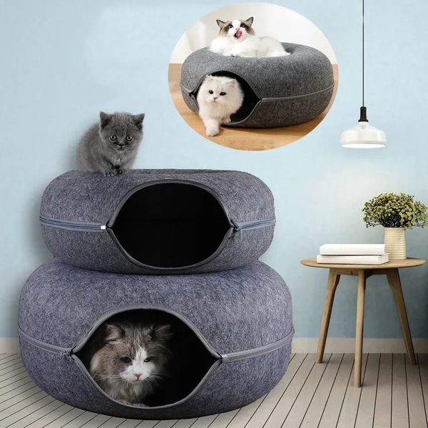 

Cozy Cat Beds: Plush Donut Pet Toys Bed Tunnel Kitten Cave, Warm 2024 Sleeping House Cushions, Black