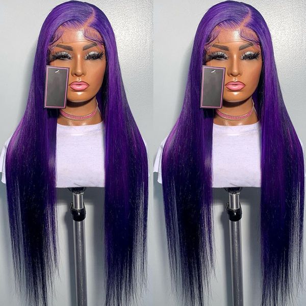 

Purple Brazilian Colored Lace Front Wig Human Hair 180Density 13x4 HD Transparent Lace Frontal Wig Straight Cosplay Wigs Natural Hairline al s line, Customize