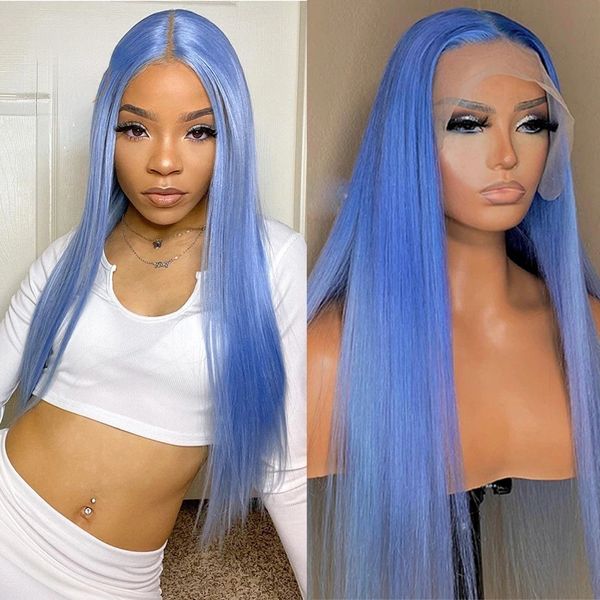 

Light Brazilian Blue Colored Body Wave Lace Front Human Hair Wig Straight Pre Plucked HD Transparent Synthetic Lace Frontal Wigs For Women al s, Customize