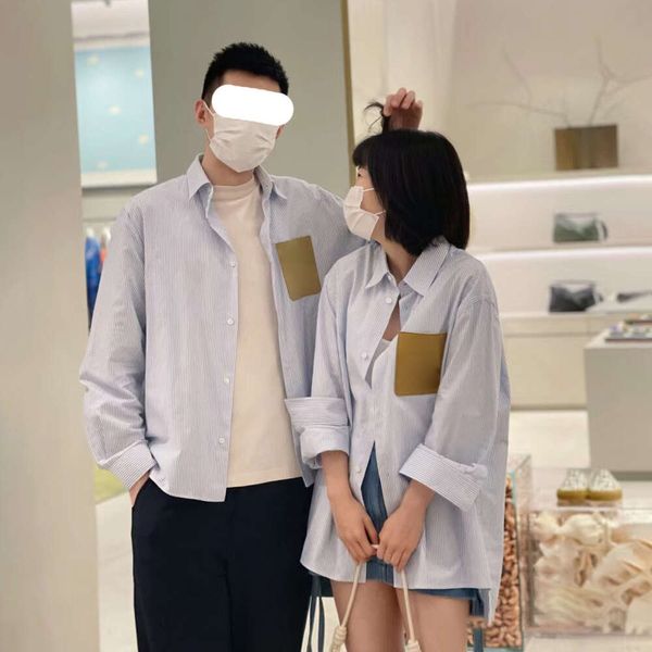 

E T-shirt Designer Fashion Women Unisex Striped Shirt with Emed Leather Pockets 23 Autumn/winter Loose Fitting Couple Cardigan Jacket Trend, Gold