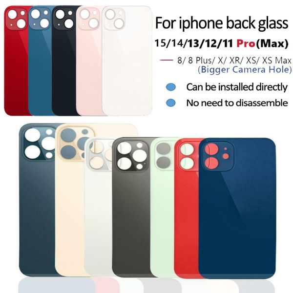 

For iPhone 15 14 13 12 11 Pro Max 8 plus X XS MAX battery glass housing replacement back cover big hole camera With stickers