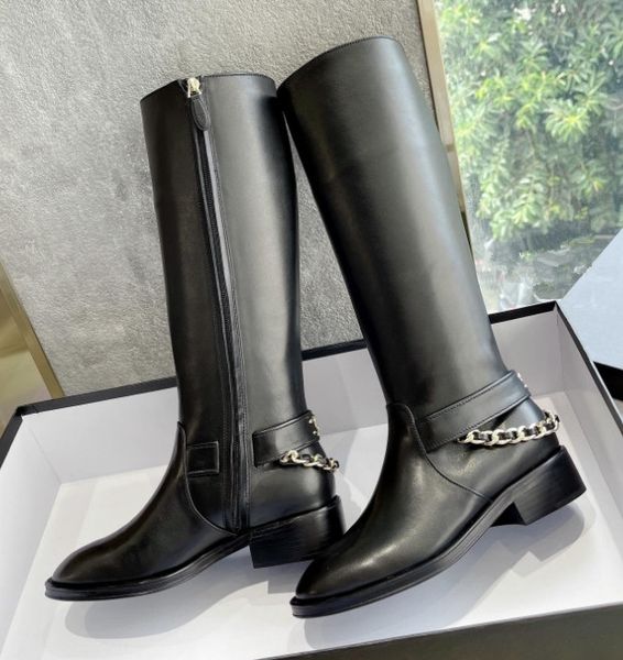 

Designer Women Knee boots thick soles Chain Chelsea Boots Ladies Bootie biker High boots female knights boots Black Women's Ankle boots, Long