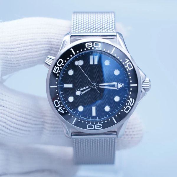 

60TH Anniversary James Bond 42MM Automatic Mecheancal Ceramic Bezel Mens Watches Watch Blue Dial Stainless Steel Band Ceramic Rotatable Bezel Transparent BackWCJ