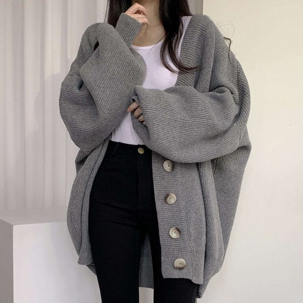 

Korean Chic Autumn Winter Leisure Lazy Style V-neck Single Breasted Loose Lantern Sleeve Knit Cardigan Sweat Coat Women New, Brown