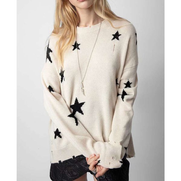

25ss zadigevoltaire fall and winter new luxury designer knitted pullover sweater star pattern hole wool loose women' crew neck knit cardigan sweater coat tops tn, Contrast color