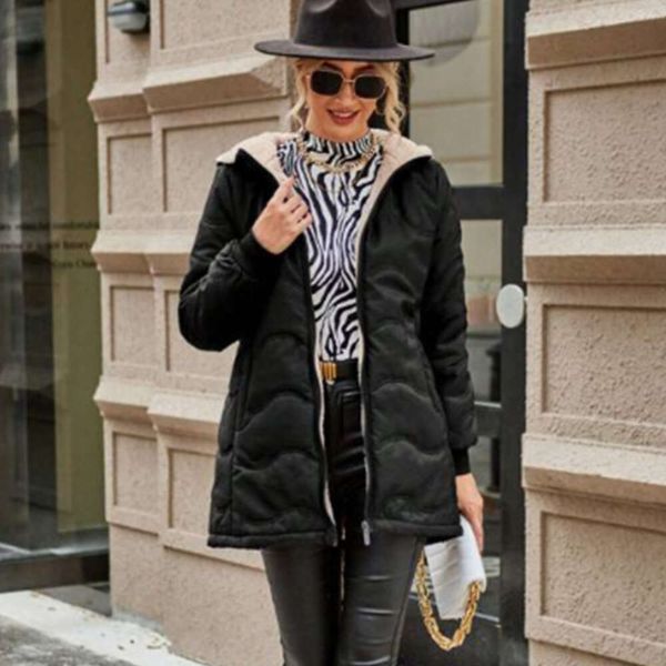 

Women' Down Jacket 2023 Autumn Winter New Mid Length Fashion Hooded Slim Fit Plush Cotton Coat Warm Black Female Top Coat