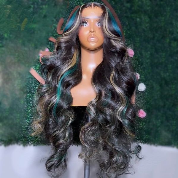 

Hair Brazilian Body Wave Highlight Black With Blue Lace Frontal Wig HD Transparent Glueless Full Lace Front Wigs For Women s