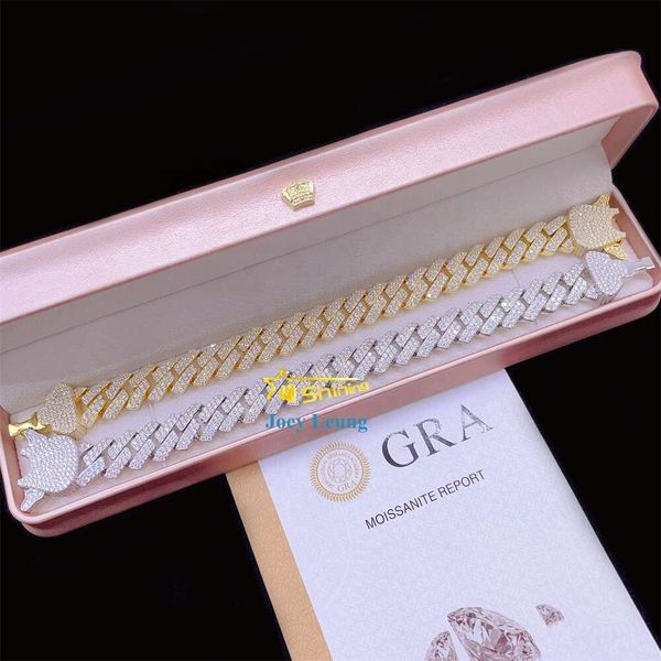 

Moissanite Hip Hop Jewelry 14.3Mm 2 Rows Stone Sier Gold Plated Moissanite Diamond Iced Out Cuban Link Bracelet