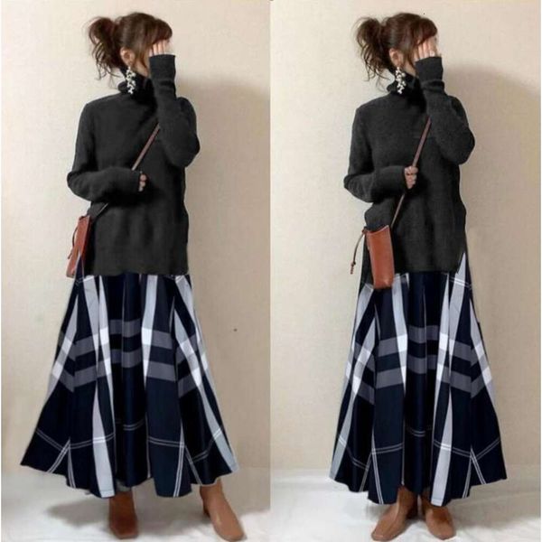 

Winter Japanese And Korean Casual Mid Length Dress  Japanese High Neck Sweater Irregular Plaid Half Skirt Two Piece Set, Black
