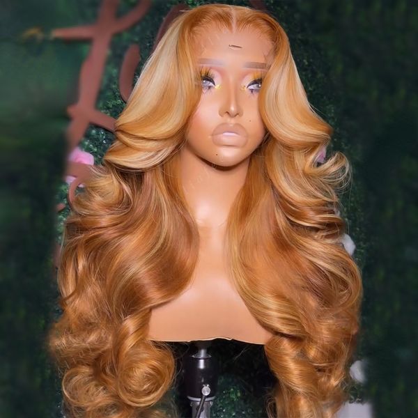 

Peruvian Hair Honey Blonde Body Wave Lace Frontal Wig Transparent Preplucked Highlight Colored 360 Full Lace Front Wigs Synthetic for Women