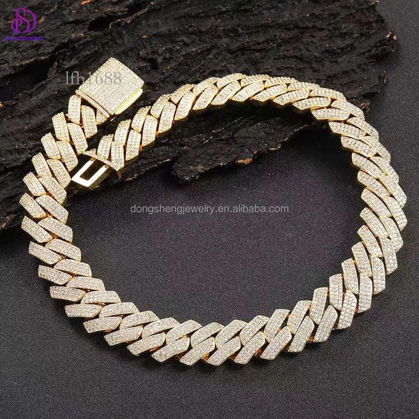 

Hip Hop Jewelry 14K Plating Gold Necklace Sterling Sier 18Mm 20Mm 3 Rows Vvs Moissanite Diamond Cuban Chain