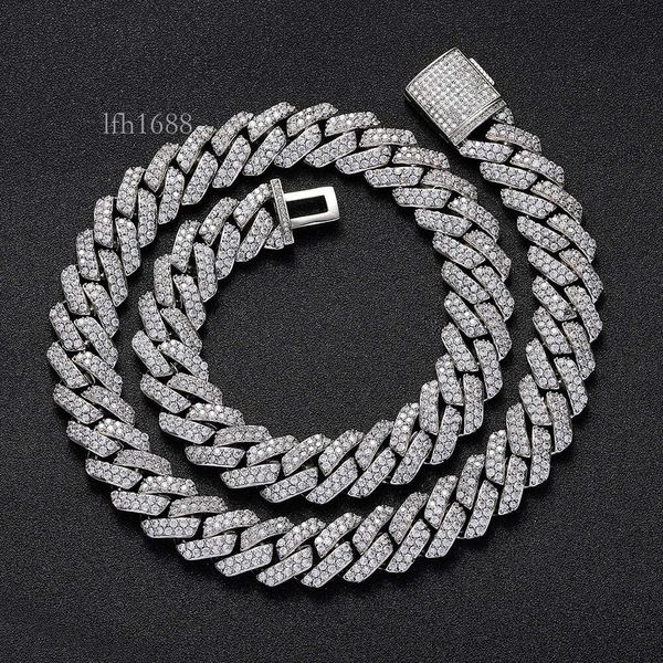 

European And American Hip-Hop Sier Men's Trendy Brand Personality 15Mm Double Row Mosan Diamond Cuban Necklace