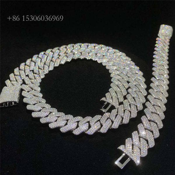 

Sterling Sier Iced Out Hip Hop Jewelry 18Mm 20Mm Moissanite Diamond Cuban Link Chain 3 Rows Diamond Men Cuban Necklace