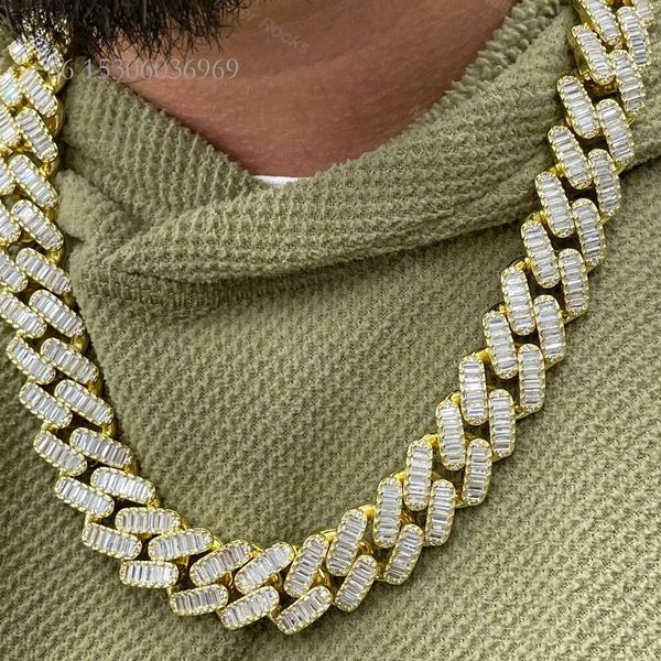 

New Arrival Iced Out 15Mm Sier Moissanite Cuban Link Chain Heavy Gold Baguette Cuban Link Chain With Gra