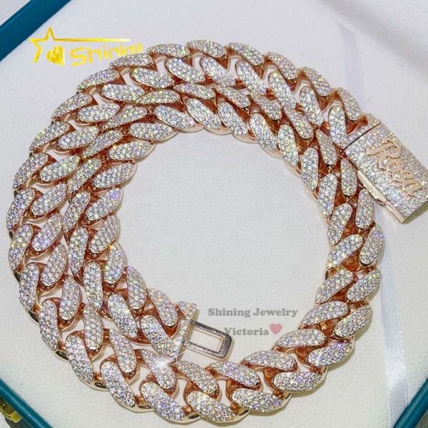 

Drop Shipping Rose Gold Solid Sier 3 Rows Hip Hop Iced Out Miami Cuban Link Chain With Vvs Moissanite