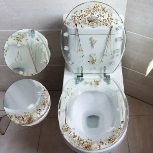 

Covers Resin Toilet Seat Fancy Bathroom Accessories Thickened Transparent Safety Cover with Shells and Chrome Hinge U/V Type 231013
