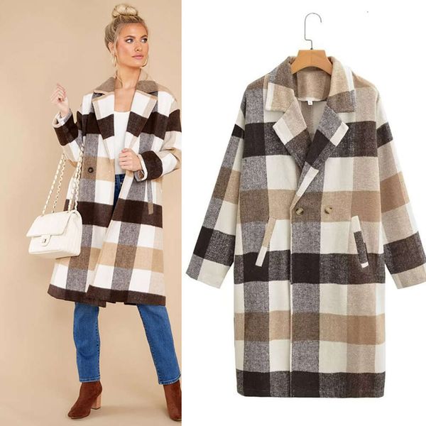 

2023 Autumn New Women' Wear European And American Style Woolen Medium Long Double Breasted Plaid Coat Coat Coat Foreign Trade, Picture color