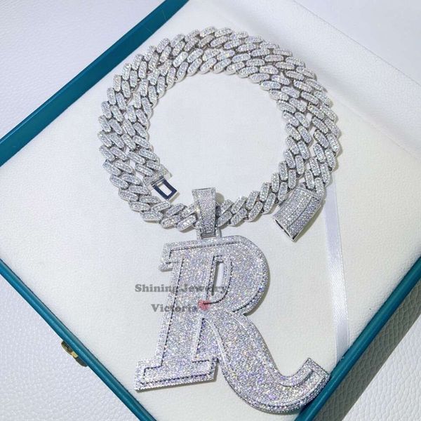 

Initial R 3" Width Solid Hand Setting Moissanite Diamond Vvs Custom Pendant With 13Mm Cuban Chain