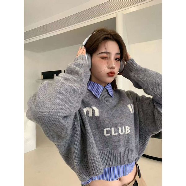

Women' Pullover Round Neck Letter Jacquard Elastic Knitted Sweater Korean Sweater Short Top Shirt 2023 Autumn Winter New, Gray