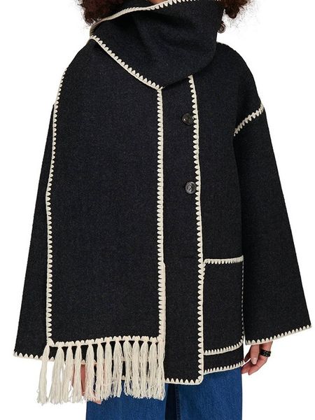 

2023 Autumn/Winter New Designers European and American Women' Fashion Woolen Coat Thickened Loose with Scarf Tassel Women' Style, Black