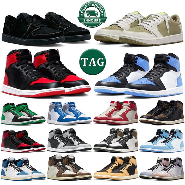 

Jumpman 1 basketball shoes men women 1s low Golf Olive Black Phantom Reverse Mocha Satin Bred Palomino UNC Toe Lost and Found Lucky Green mens trainers sports sneakers, 15