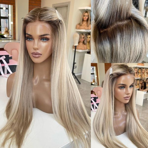 

Long Peruvian Soft Hair Highlight Full Lace Front Wigs Light Ash Blonde Roots Swiss HD Transparent Lace Frontal Glueless Wig 200%, Customize