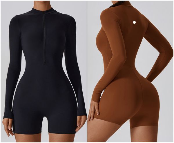 

LL-8194 Womens One Piece Jumpsuits Yoga Outfits Long Sleeve Close-fitting Dance Jumpsuit Short Pants Gym Exercise Coverall Zipper, Coffee