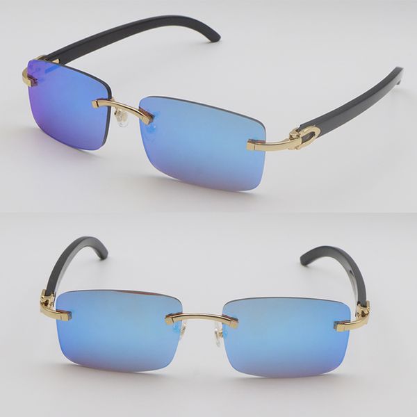 Famous Men Women Rimless Mirror Lens Sunglasses Genuine Natural Black Buffalo Horn Glasses High quality Mens Sun Glasses C Decoration 18K Gold Frames Size:56