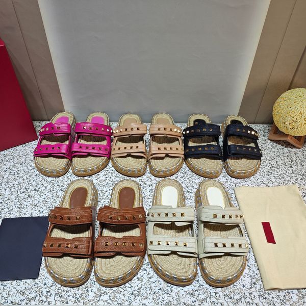 

Women Shoes TOP Quality luxury straw braiding real Leather Slippers Rivet Espadrilles Summer Slides Designer Shoes Flats fisherman shoes Mujer heel, Black
