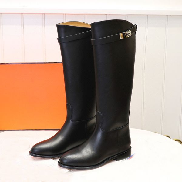 

Curved-edge low heel tall boot smooth Vegetable tanned calfskin Slip-On Buckle decoration Round Toes knee-high riding boots women luxury designers brands shoes, 16#