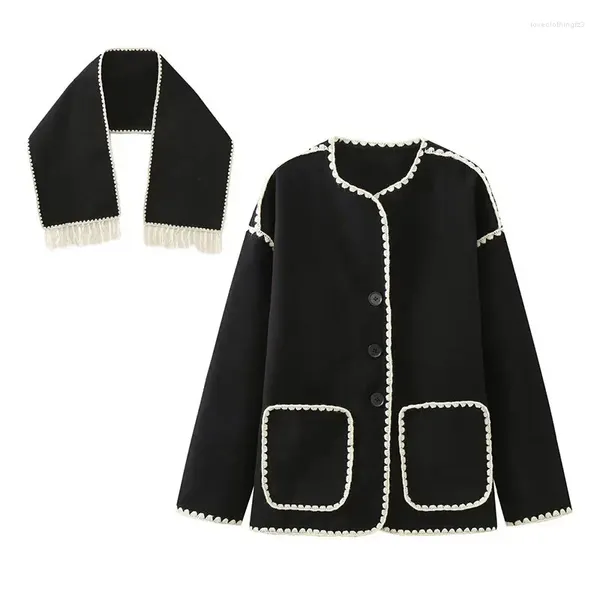 

Women's Jackets 2023 Autumn Fashion Woman Black Crochet Scarf Coat O Neck Long Sleeve Button Straight Casual Vintage Female Cozy
