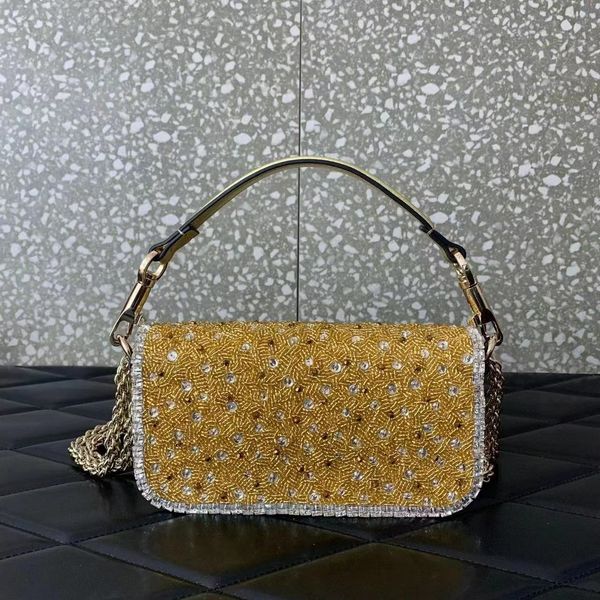 

Designer Shoulder Beads and Dia Embroidery Front Flap Bags Sier Hardware Double Chains Baguettes Bag Rhie Buckle Top Handbags Women Fashion Purse, Yellow