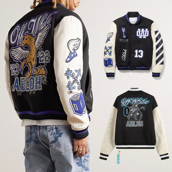 

Autumn Windbreak Outdoor Bomber Coats Streetwear Outerwear Ow Baseball Jackets Man Off Letter Embroidery Hot Drilling, Multi