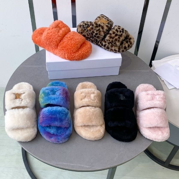 

Women's Fuzzy slippers Classic thick soles casual wool flip-flops Flat plush cotton shoes ladies hair outside wearing Furry flip-flops Fluffy slippers 34-42, Blue