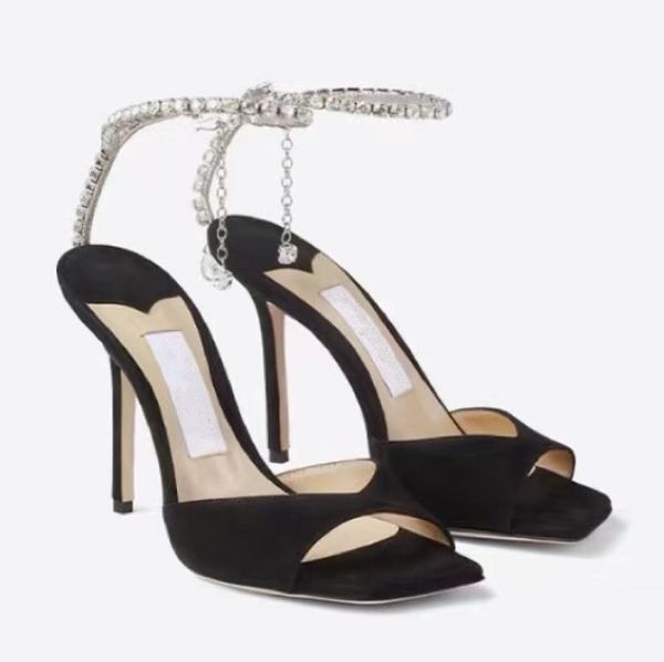

Designer women high-heeled sandals rhinestone Chain Ladies holiday wedding Ankle chain Dress party females Crystal high heels shoes with box, Black