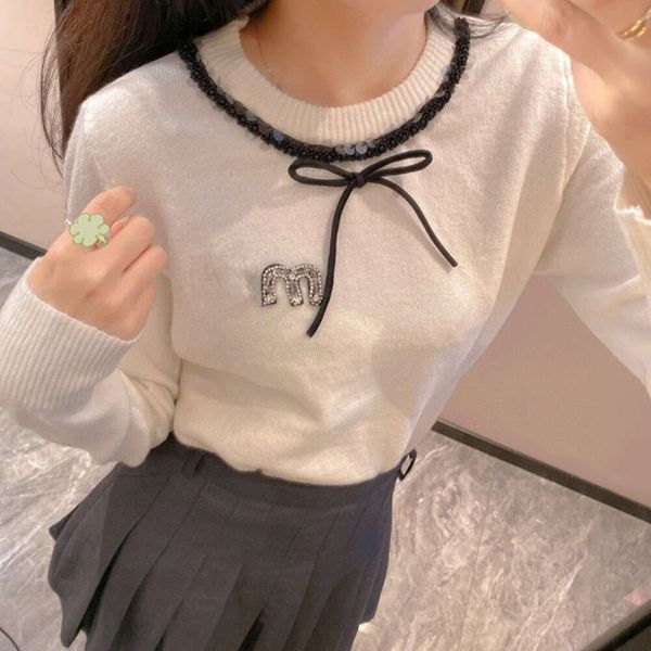 

Woman Clothing Fashion Women' 2023 Early Autumn New Bow Knot With Diamond Letter Jacquard Knitted Round Neck Slim Fit Pullover, White