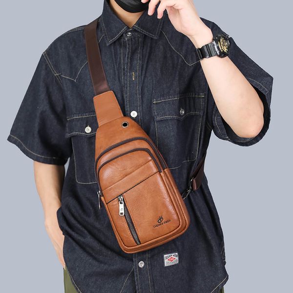 

Sales factory men shoulder bags 3 colors this year's popular solid color leather leisure backpack zipper business chest bag daily Joker stitching fashion handbag, Image colors-5801#