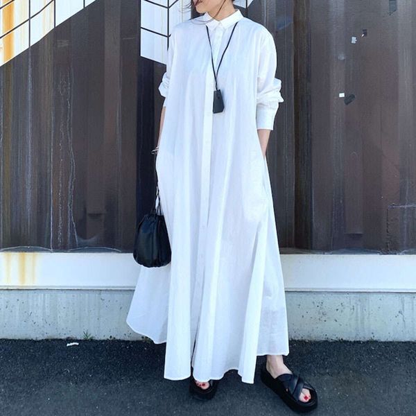 

New Women's Fashion Casual Ventilate  Tie Button White Shirt Dress Summer Japanese Style Loose Waist Dress Long Dress, One size