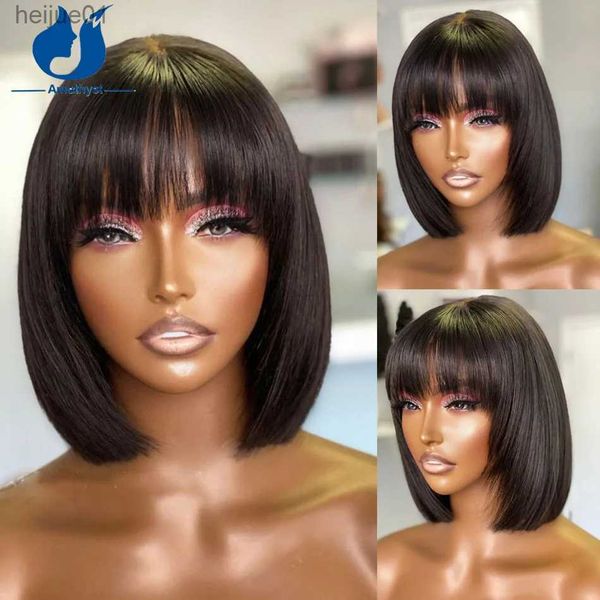 

Synthetic Amethyst 8 Inches Layered Cut Bob Human Hair Wigs Bangs Full Hine Wig with Scalp Base None Lace Remy for Women Gluelessl231024, Black