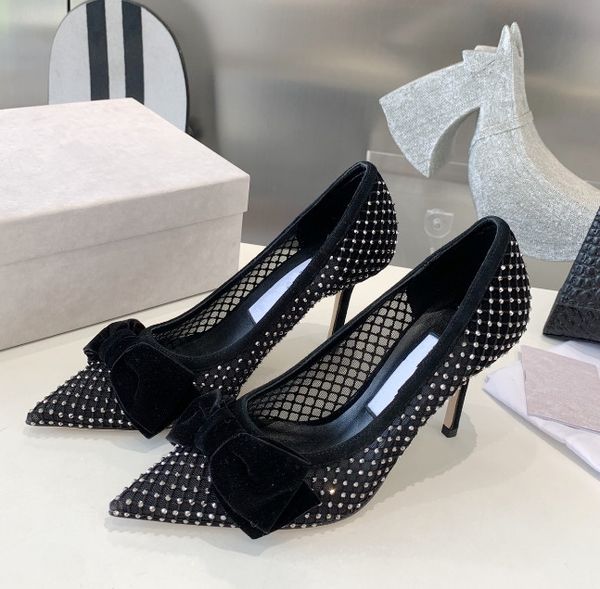 

Designer women's mesh High heels shoes rhinestone shoes Net drill bow women ladies wedding party Black white Crystal high-heeled shoes with box